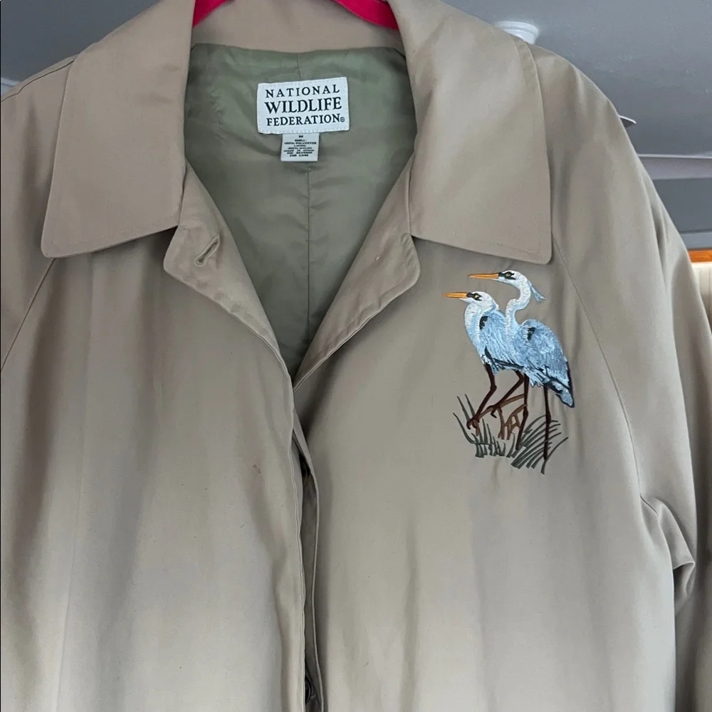 National Wildlife Federation Trench Coat Lined Embroidered Herons Tan Medium - Picture 4 of 12